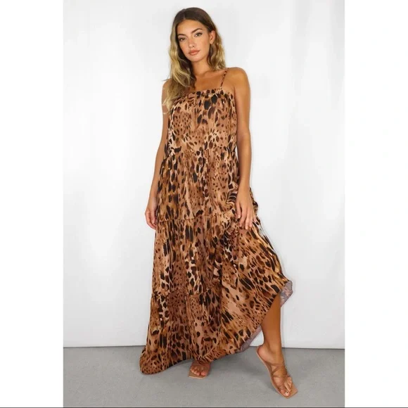 Missguided Brown Leopard Print Strappy Tiered Midi Dress - Women's Size 4
